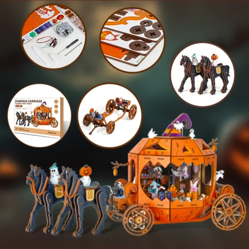 Pumpkin Carriage DIY Wooden Puzzle - Orange and Black